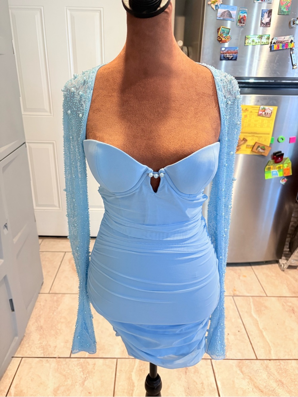 Oh Polly Sky Blue Ruched Backless Mini Dress - Picture 2 of 5